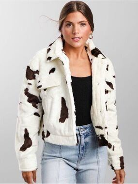 Faux Fur Cowprint Jacket - White & Brown